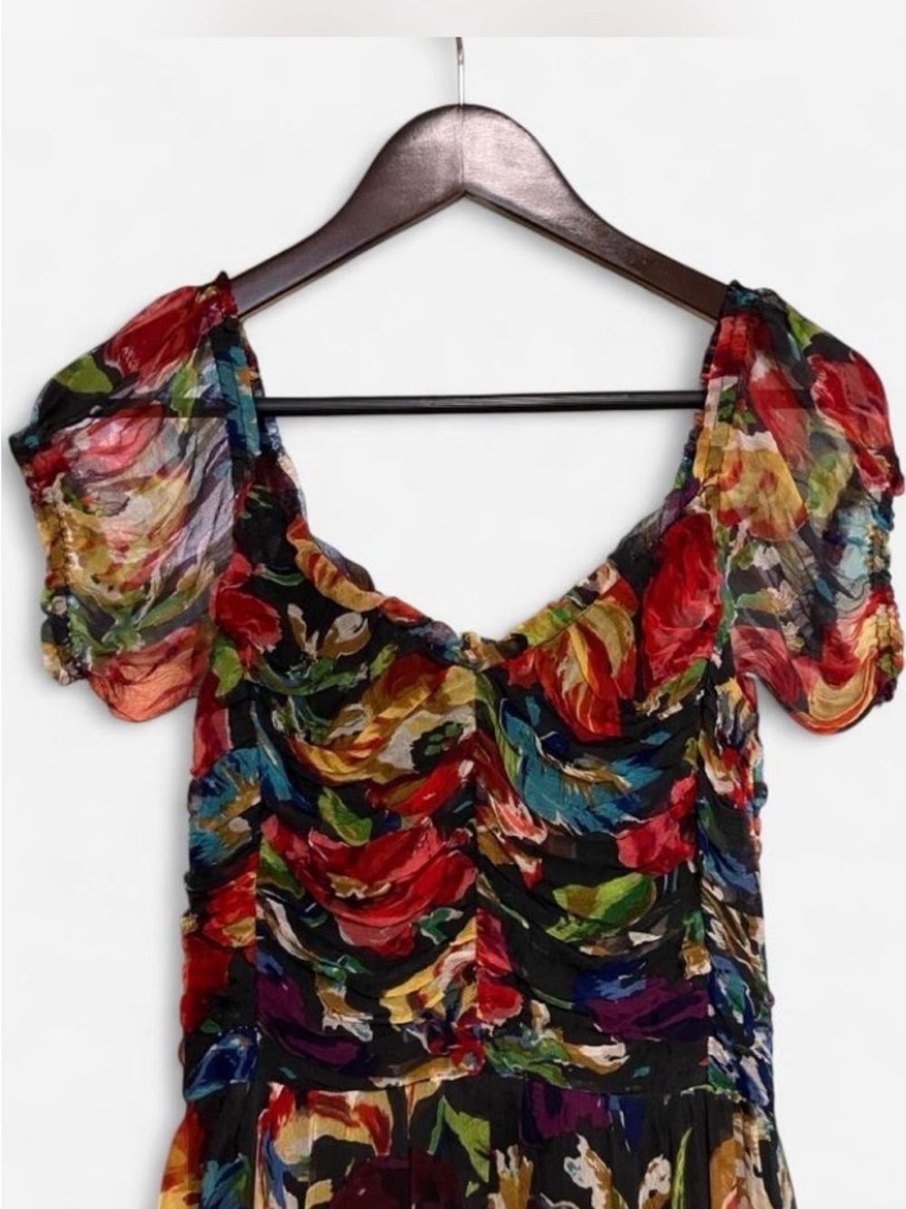 Floral Sheer Silk Overlay Midi Dress with Ruched Bodice Women’s Size S - Picture 2 of 7